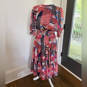 TCEC Women's Cinnamon Red & Navy Abstract Print Smocked Dress Large